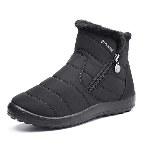 gracosy Botas de Mujer Otoño Invierno Goma Encaje Forro de Piel Punta Redonda 41