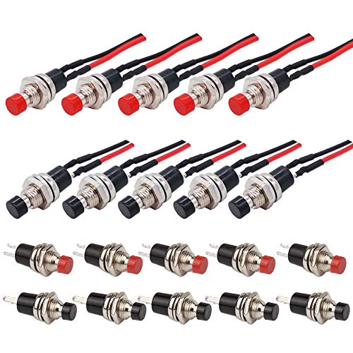 GTIWUNG 20Pcs Mini Botón Pulsador 7mm,Pre Cableado Mini Interruptor,Momentáneo de Botón 1A 250 V AC Resorte con Dos Pines SPST Normalmente Abierto,con alambres previamente soldados,Rojo & Negro