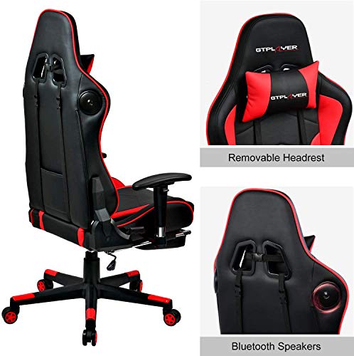 GTPLAYER Silla Gaming con Altavoz Bluetooth Reposapies Escritorio Oficina Gamer Ergonomica con Cojín Reposabrazos 3D Ajustables Respaldo Reclinable Multifuncional Rojo GTRACING Series