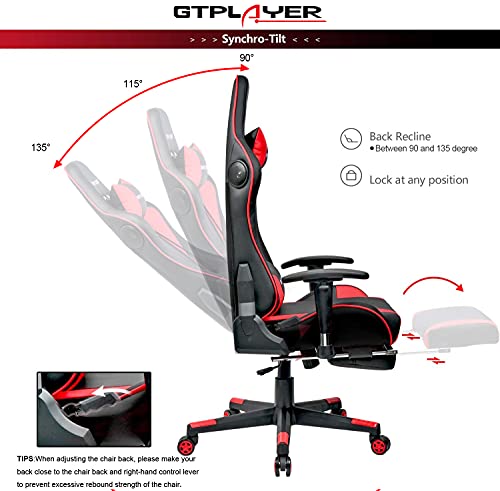 GTPLAYER Silla Gaming con Altavoz Bluetooth Reposapies Escritorio Oficina Gamer Ergonomica con Cojín Reposabrazos 3D Ajustables Respaldo Reclinable Multifuncional Rojo GTRACING Series