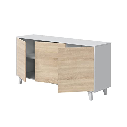 Habitdesign Aparador, Buffet, Salón Comedor 3 Puertas, Modelo Zaiken Plus, Color Blanco Brillo y Roble Canadian, Medidas: 154 cm (Ancho) x 75 cm (Alto) x 41 cm (Fondo)