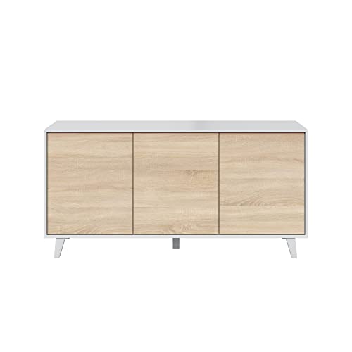 Habitdesign Aparador, Buffet, Salón Comedor 3 Puertas, Modelo Zaiken Plus, Color Blanco Brillo y Roble Canadian, Medidas: 154 cm (Ancho) x 75 cm (Alto) x 41 cm (Fondo)