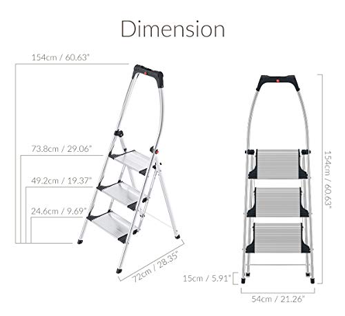 Hailo 4303-201 Taburete de Aluminio con Estribo Alto de Seguridad (3 peldaños), Plateado