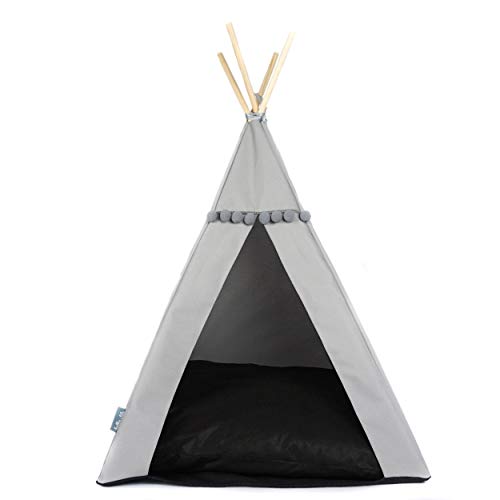 Halkalife Tipi para perros con pompones, tienda impermeable para perros y tienda de lujo para cachorros, wigwam para perros, casa para perros, nido para perros (L, gris, negro)