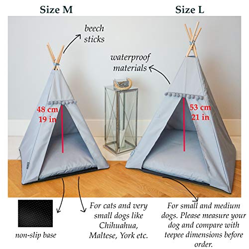 Halkalife Tipi para perros con pompones, tienda impermeable para perros y tienda de lujo para cachorros, wigwam para perros, casa para perros, nido para perros (L, gris, negro)