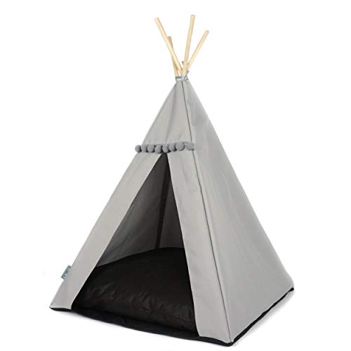 Halkalife Tipi para perros con pompones, tienda impermeable para perros y tienda de lujo para cachorros, wigwam para perros, casa para perros, nido para perros (L, gris, negro)