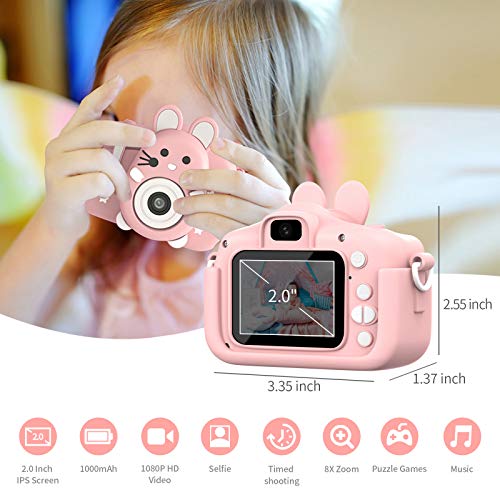 Hangrui Cámara Digital para Niños,Cámara Fotos Infantil con 32GB TF Tarjeta,Pantalla de Protección Ocular IPS de 1080P 2,0" HD Selfie Video Cámara Fotos Niños Regalos para Niños y niñas(Rosado)