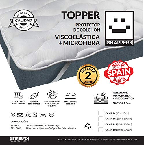 HAPPERS Topper Viscoelástico 105x190 y 3,5cm de Grosor, Fibra Hipoalergénica Tacto Pluma