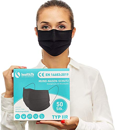 health2b Mascarillas Quirúrgicas Homologadas CE Certificado [50 unidades] Tipo IIR de 3 capas mascarilla de protección boca y nariz, DERMATEST® muy bueno (Negro)