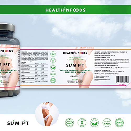 Healthinfoods | Slim Fit | Garcinia Cambogia, Lcarnitine, Té Verde Y Guaraná | Vitaminas C, B6 Y Pimienta Negra | Supresor Apetito | Quemagrasas Potente Y Natural Para Adelgazar | 128 Cápsulas, 90 g