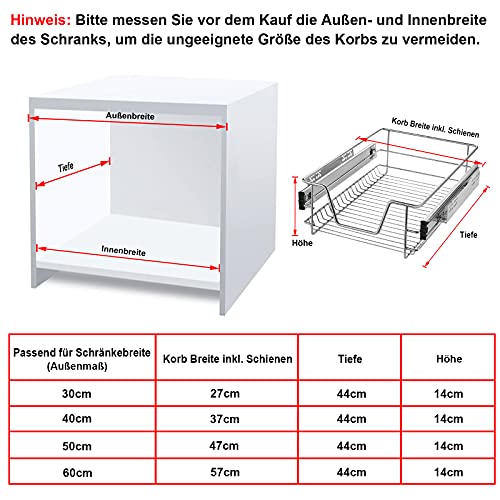 HENGMEI Cajón armario cajón extraíble cajón de cocina Estante Estantería de cocina cesta auszug Dormitorio cajón, 2x50 cm