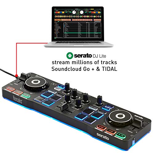 Hercules DJControl Starlight - Controlador de DJ USB portátil 2 Pistas con 8 Pads/Tarjeta de Sonido para PC/Mac, Multicolor