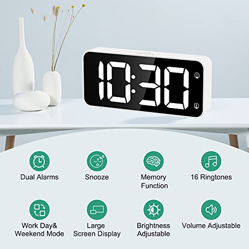 HERMIC Reloj Despertador Digital, LED Despertador con Cable USB , 0-100% Atenuador de Brillo, Pantalla Digital Clara Grande, Snooze, 12 / 24H, Alarmas Duales, Volumen Ajustable, Incluye Adaptador