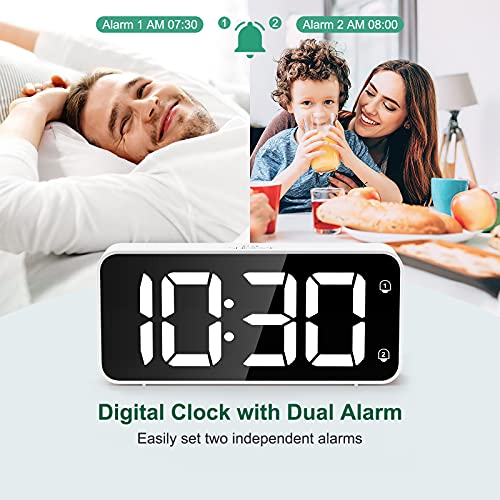 HERMIC Reloj Despertador Digital, LED Despertador con Cable USB , 0-100% Atenuador de Brillo, Pantalla Digital Clara Grande, Snooze, 12 / 24H, Alarmas Duales, Volumen Ajustable, Incluye Adaptador