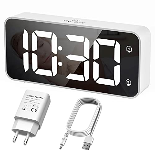 HERMIC Reloj Despertador Digital, LED Despertador con Cable USB , 0-100% Atenuador de Brillo, Pantalla Digital Clara Grande, Snooze, 12 / 24H, Alarmas Duales, Volumen Ajustable, Incluye Adaptador