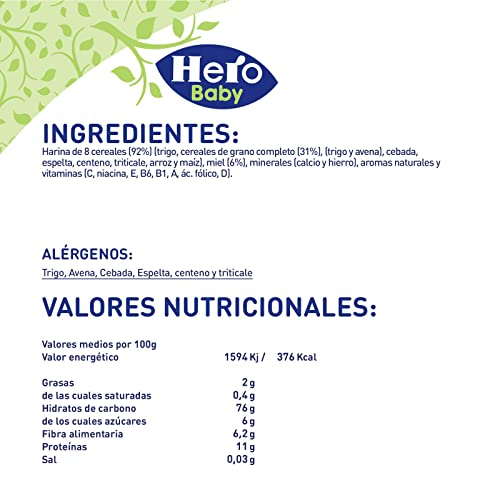 Hero Baby Papilla de 8 Cereales con Miel - Para Bebés a Partir de los 6 Meses - Pack de 3 x 820 g