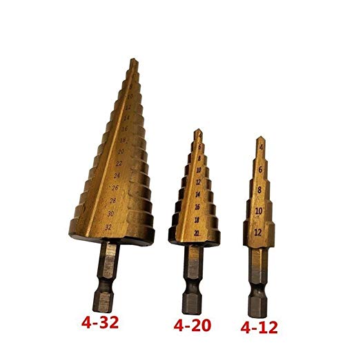 Herramientas de Cjianhua 3pcs HSS Broca Paso Conjunto de titanio recubierto cono cónico hexagonal Brocas agujero cortador Métricas Centro Espiral 4-12/20 / 32mm Todo nuevo nunca usado