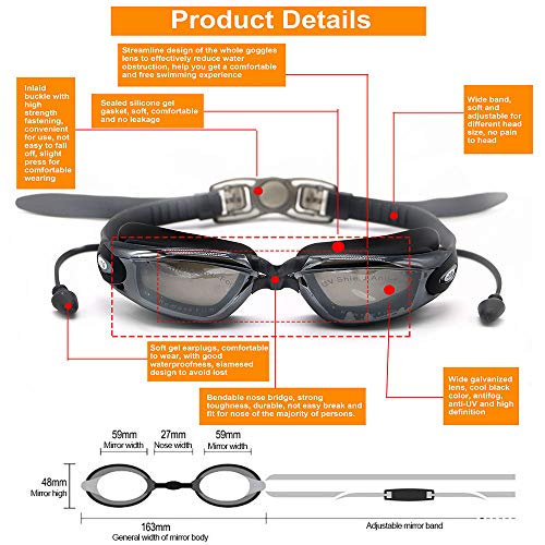 Hersvin Gafas de Natación de Miopía (0 a -8.0) Anti-UV Antivaho con Puente Nasal Extraíble, Tapones para Los Oídos Siameses para Adultos Hombres Mujeres Niños (Negro, -3.0)