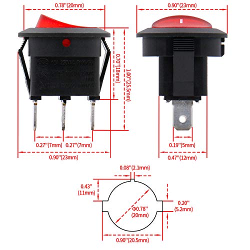 Heschen Interruptor basculante redondo redondo de encendido y apagado SPST 3 terminales 10A 250VAC UL VDE 5 unidades