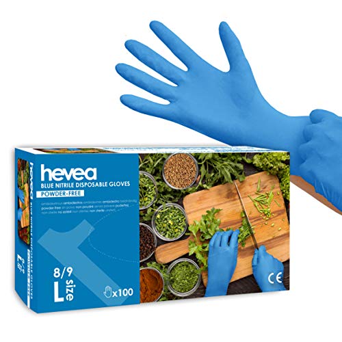 Hevea Guantes Desechables de Nitrilo, sin Polvo, 1 x 100, Talla L, Color Azul