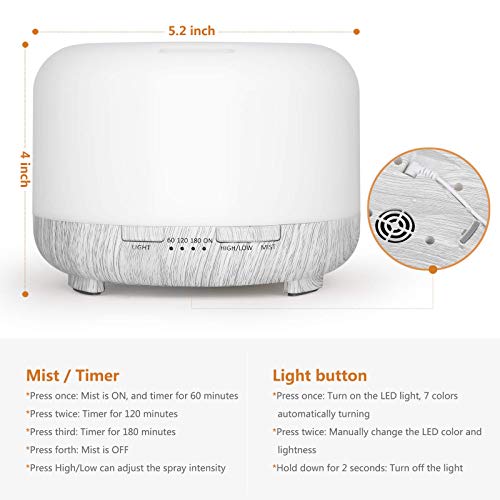 Hianjoo Aroma Diffuser Humidificador 450ml Humidificador Ultrasónico Aromaterapia Lámpara LED Colorida con Función Control Remoto para Yoga Salon SPA Vivir,Dormir, Bañarse, Hotel, Gris Claro