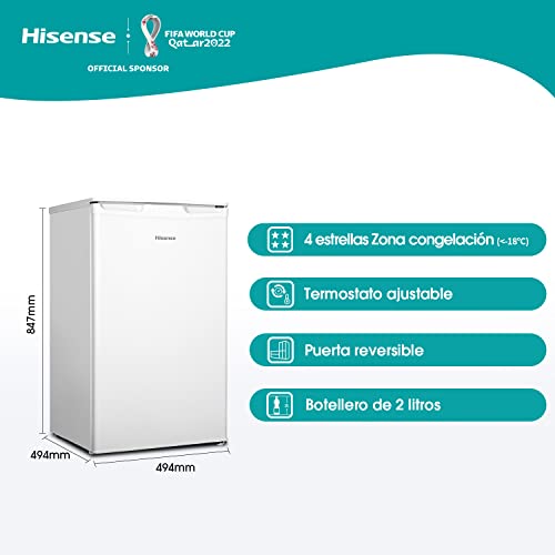 Hisense RR125D4AW1 - Frigorífico Pequeño Table Top, una puerta reversible, Capacidad neta 96 L, 84.7 cm de alto bajo encimera, silencioso 43 dBA, color blanco