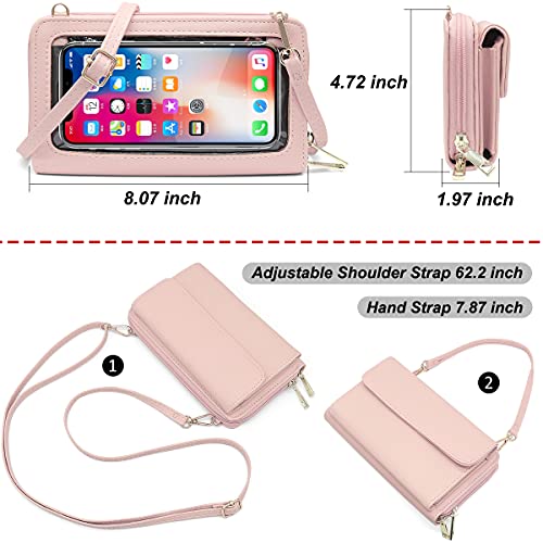 HNOOM Bolso Movil Mujer, Bolso Bandolera Móvil con Pantalla Táctil, Bloqueo RFID Monedero Cuero PU Bolsos Bandolera de Mujer Cartera Movil con Ranuras para Tarjeta y Cremallera Billetera (Rosa)