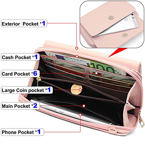 HNOOM Bolso Movil Mujer, Bolso Bandolera Móvil con Pantalla Táctil, Bloqueo RFID Monedero Cuero PU Bolsos Bandolera de Mujer Cartera Movil con Ranuras para Tarjeta y Cremallera Billetera (Rosa)