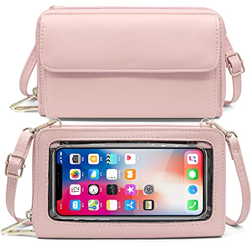 HNOOM Bolso Movil Mujer, Bolso Bandolera Móvil con Pantalla Táctil, Bloqueo RFID Monedero Cuero PU Bolsos Bandolera de Mujer Cartera Movil con Ranuras para Tarjeta y Cremallera Billetera (Rosa)