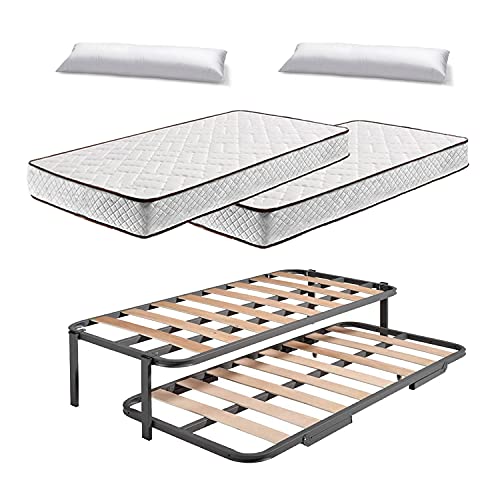 HOGAR24 ES.es-Cama Nido Estructura Reforzada Doble Barra Superior (4 Patas) + 2 Flexitex + 2 Almohadas de Fibra, 90x190cm