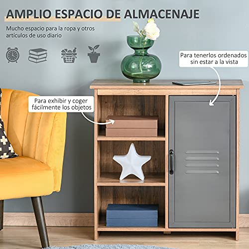 HOMCOM Aparador con Puerta de Metal Mueble Auxiliar con 3 Estantes Abiertos y Armario con Puerta y Balda Ajustable para Salón Cocina 80x35x82 cm Madera Natural