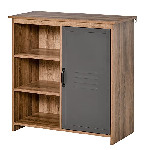 HOMCOM Aparador con Puerta de Metal Mueble Auxiliar con 3 Estantes Abiertos y Armario con Puerta y Balda Ajustable para Salón Cocina 80x35x82 cm Madera Natural