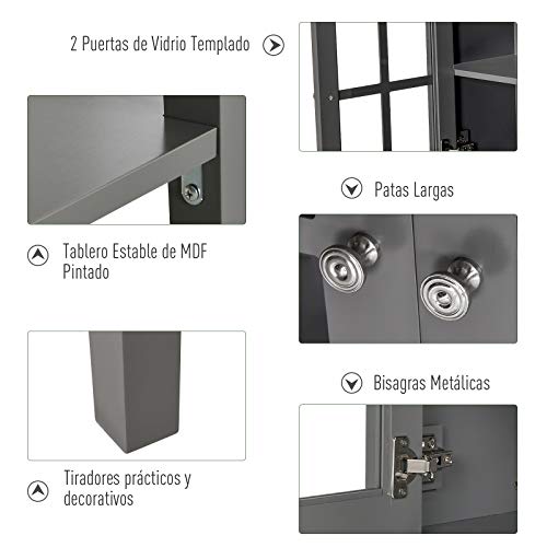 HOMCOM Armario Auxiliar Interior para Cocina Salón Aparador Cocina de Almacenamiento Estilo Vitrina Multifuncional con Estantes Inferior Puertas Sisteme Antivuelco 80x28x84cm Color Gris