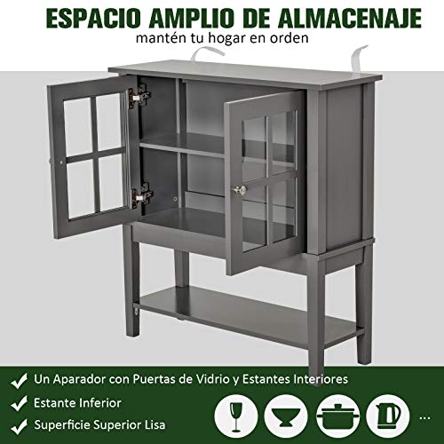 HOMCOM Armario Auxiliar Interior para Cocina Salón Aparador Cocina de Almacenamiento Estilo Vitrina Multifuncional con Estantes Inferior Puertas Sisteme Antivuelco 80x28x84cm Color Gris