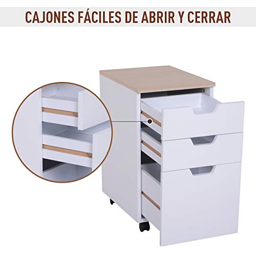 HOMCOM Armario Móvil para Oficina con 3 Cajones Ruedas Universales Freno Cajonera para Organizar Documentos 34x40x60,5 cm Blanco y Natural