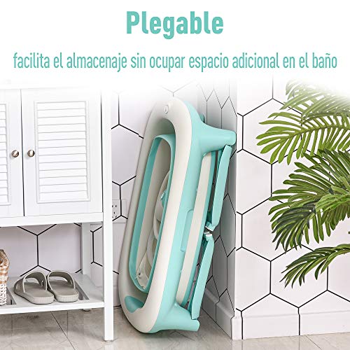 HOMCOM Bañera para Bebé Plegable y Portátil con Recipiente de Champú Palangana y Taburete Set de 4 Piezas de Ducha para 0-3 Años 81,5x60x46,5 cm Verde