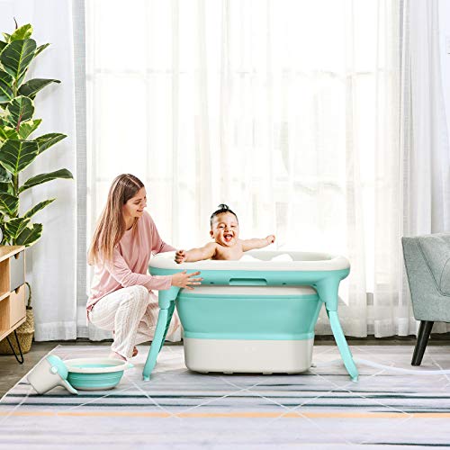 HOMCOM Bañera para Bebé Plegable y Portátil con Recipiente de Champú Palangana y Taburete Set de 4 Piezas de Ducha para 0-3 Años 81,5x60x46,5 cm Verde