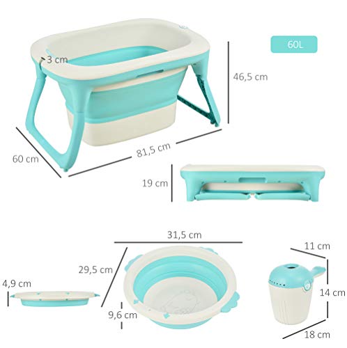 HOMCOM Bañera para Bebé Plegable y Portátil con Recipiente de Champú Palangana y Taburete Set de 4 Piezas de Ducha para 0-3 Años 81,5x60x46,5 cm Verde