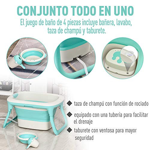 HOMCOM Bañera para Bebé Plegable y Portátil con Recipiente de Champú Palangana y Taburete Set de 4 Piezas de Ducha para 0-3 Años 81,5x60x46,5 cm Verde