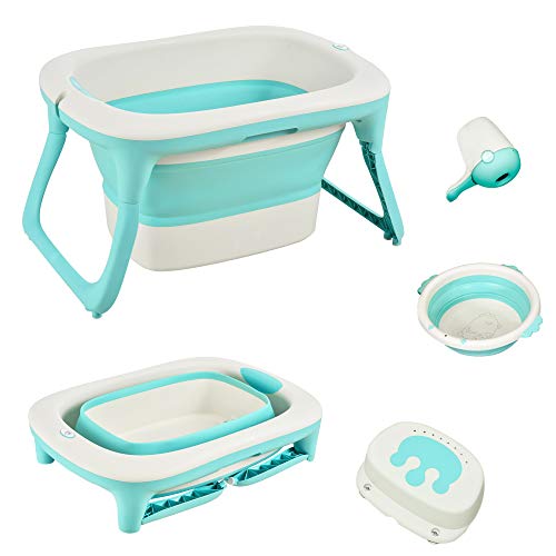 HOMCOM Bañera para Bebé Plegable y Portátil con Recipiente de Champú Palangana y Taburete Set de 4 Piezas de Ducha para 0-3 Años 81,5x60x46,5 cm Verde