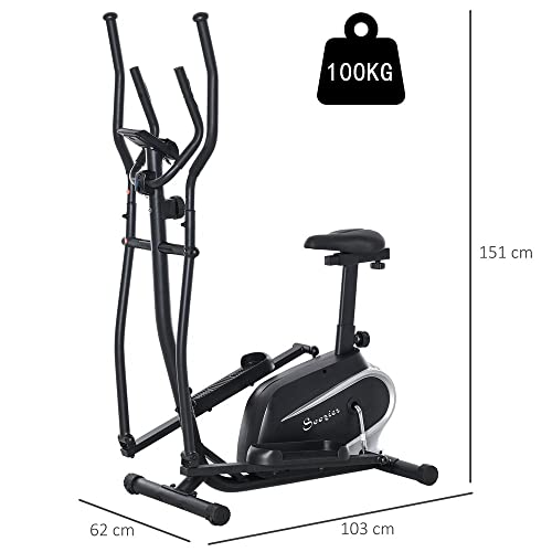 HOMCOM Bicicleta Elíptica con Resistencia Magnética Ajustable Bicicleta de Fitness con Sillín Regulable Pantalla LCD Pulsómetro y Volante de Inercia 3 kg 103x62x151 cm Negro