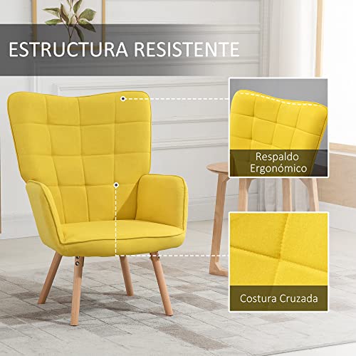 HOMCOM Butaca de Salón Moderna Sillón con Respaldo Alto Reposabrazos Tela de Lino y Patas de Madera de Haya para Comedor Cocina 71x68x101 cm Amarillo