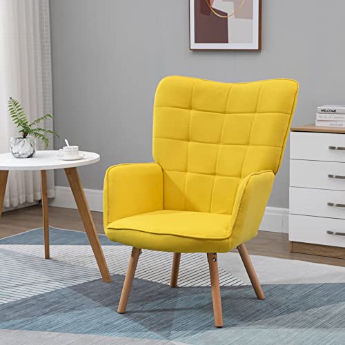 HOMCOM Butaca de Salón Moderna Sillón con Respaldo Alto Reposabrazos Tela de Lino y Patas de Madera de Haya para Comedor Cocina 71x68x101 cm Amarillo