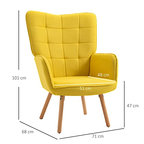 HOMCOM Butaca de Salón Moderna Sillón con Respaldo Alto Reposabrazos Tela de Lino y Patas de Madera de Haya para Comedor Cocina 71x68x101 cm Amarillo