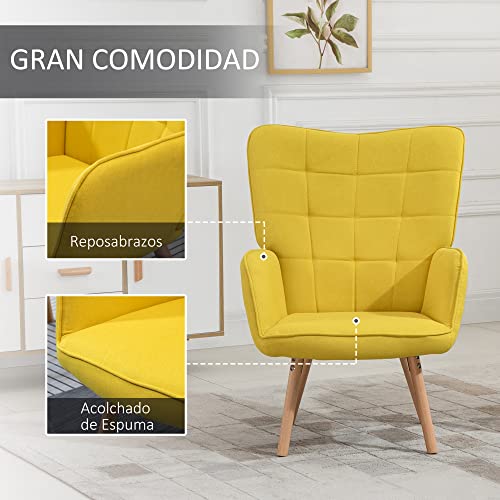 HOMCOM Butaca de Salón Moderna Sillón con Respaldo Alto Reposabrazos Tela de Lino y Patas de Madera de Haya para Comedor Cocina 71x68x101 cm Amarillo