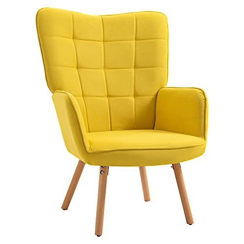 HOMCOM Butaca de Salón Moderna Sillón con Respaldo Alto Reposabrazos Tela de Lino y Patas de Madera de Haya para Comedor Cocina 71x68x101 cm Amarillo