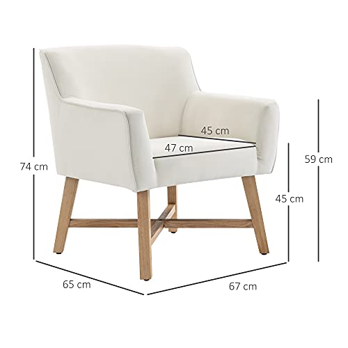 HOMCOM Butaca de Salón Tapizada en Terciopelo Sillón Relax Moderno con Asiento Reposabrazos Acolchados Patas de Madera y Base Cruzada para Dormitorio 67x65x74 cm Blanco