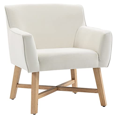 HOMCOM Butaca de Salón Tapizada en Terciopelo Sillón Relax Moderno con Asiento Reposabrazos Acolchados Patas de Madera y Base Cruzada para Dormitorio 67x65x74 cm Blanco