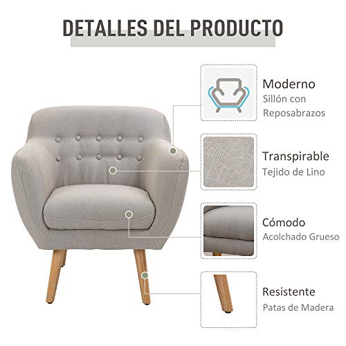 HOMCOM Butaca Moderna con Patas de Madera Sillón Individual Estilo Nórdico Acolchado para Salón Dormitorio 71x62x78 cm Beige