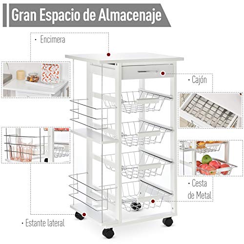 HOMCOM Carrito de Cocina Carro Multiusos de 5 Niveles con Cajón Bastidores Laterales Cestas Extraíbles de Metal 4 Ruedas 47x37x83 cm Blanco